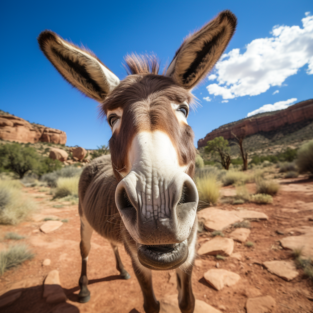 Donkey kicking camera, smiling in Moab