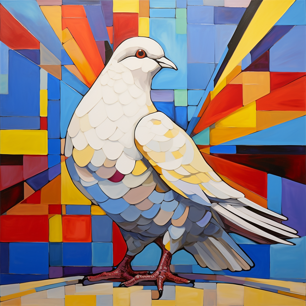 Dove resembling Elvis Presley in Mondrian-inspired cineastic scene