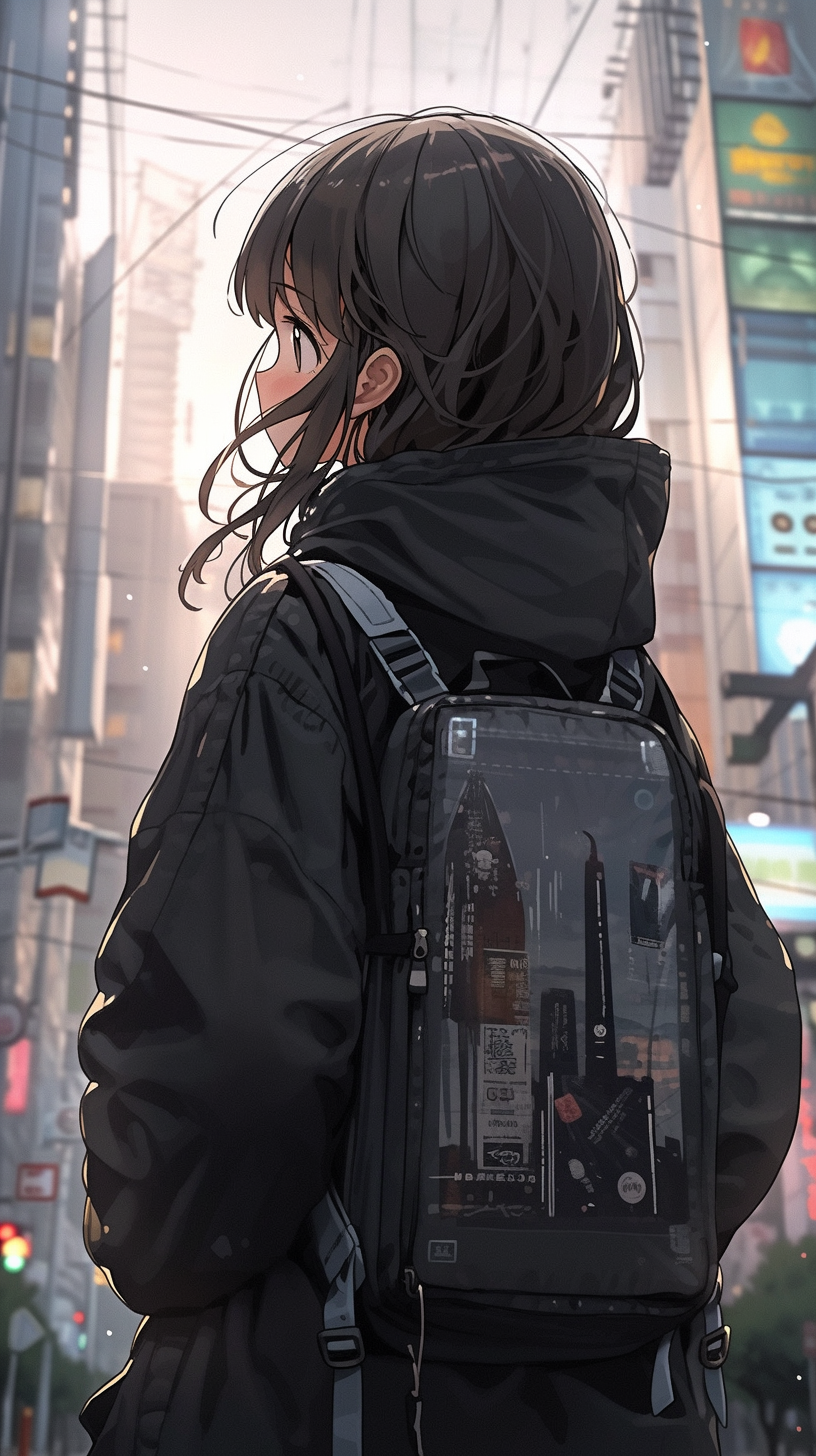 Japanese girl in black hoodie in downtown Tokyo