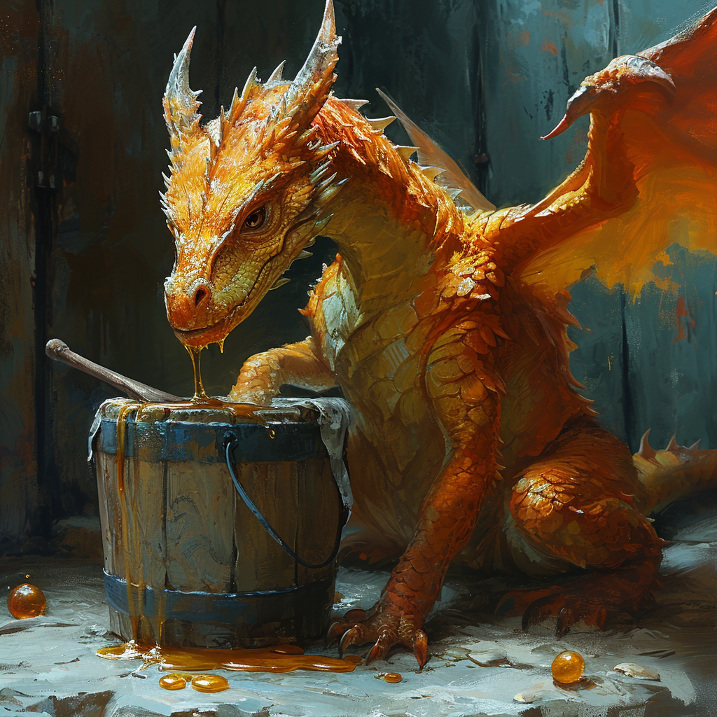 Dragon feasting on honey from bucket