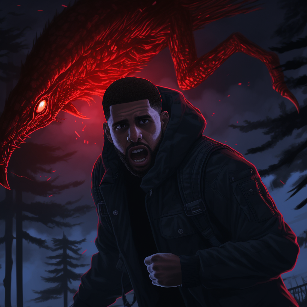 Drake running from Slender Man in dark forest