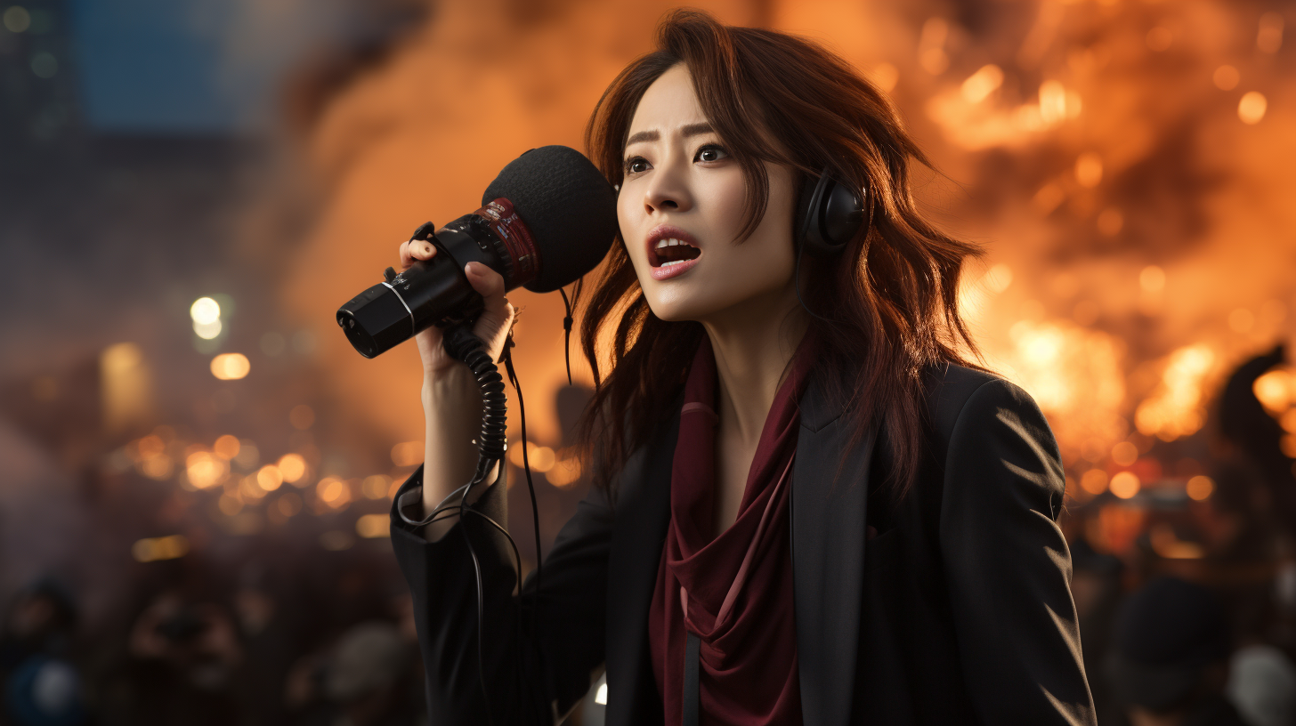 Japanese reporter holding microphone against burning city