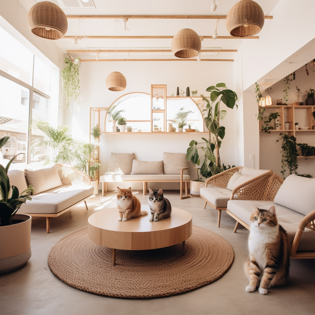 Sophisticated yet casual cat cafe with relaxed vibe