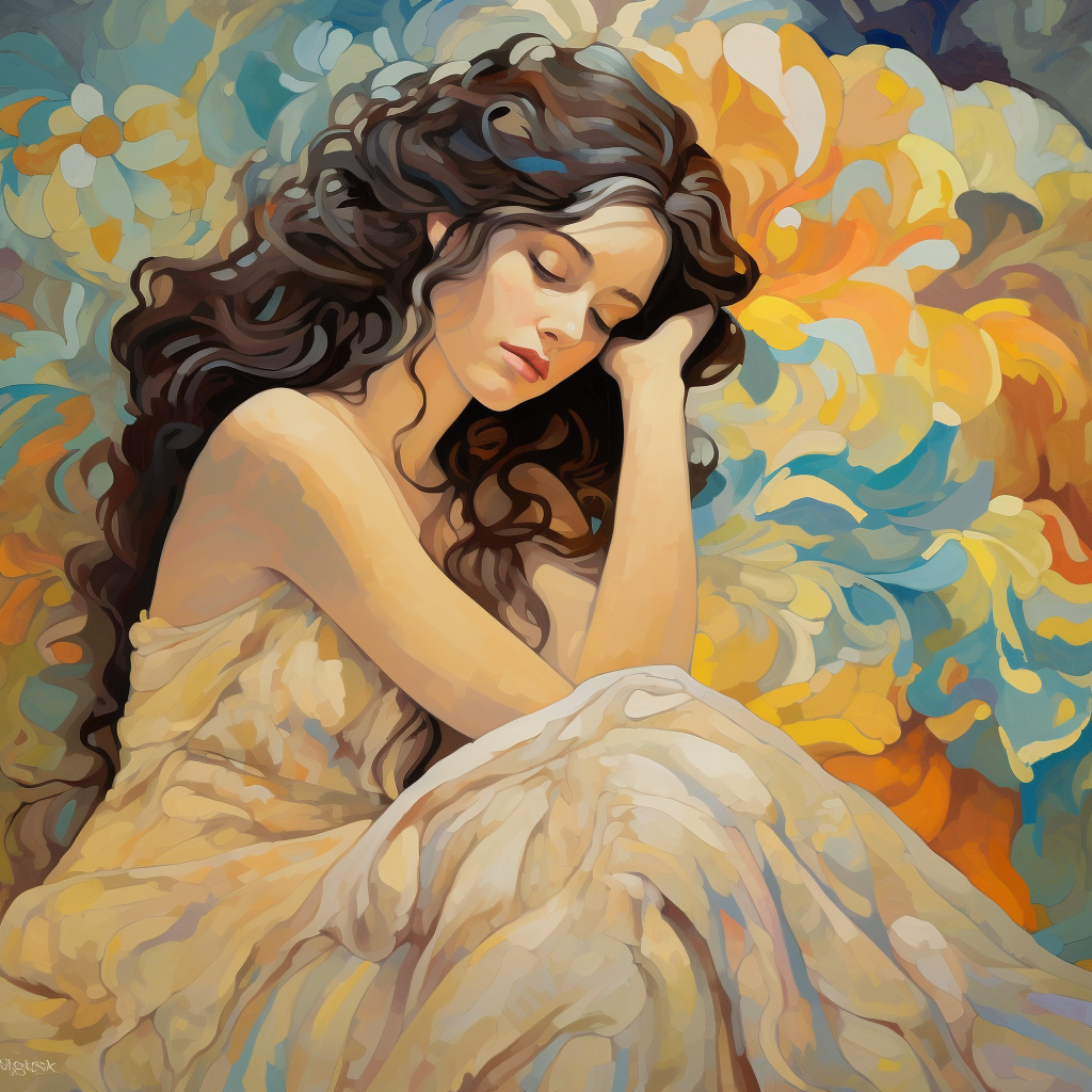 Beautiful dreamy woman in impasto and paisley style