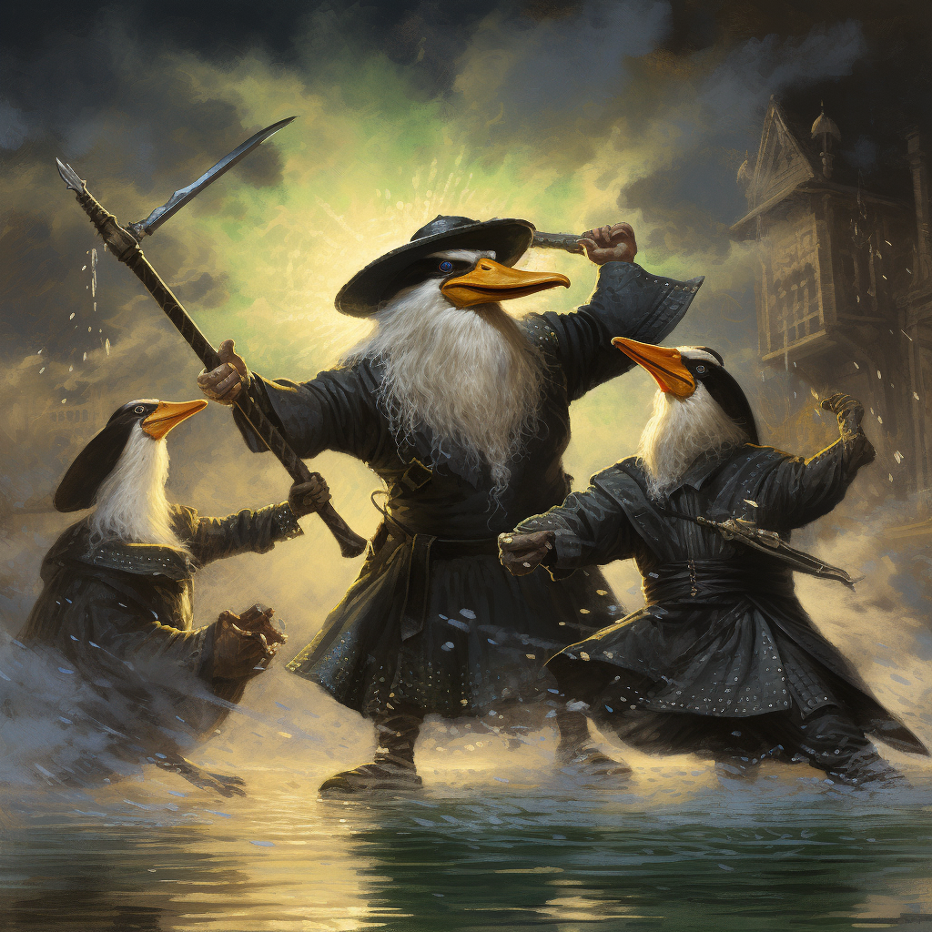 Brave duck knights battling evil goose wizard