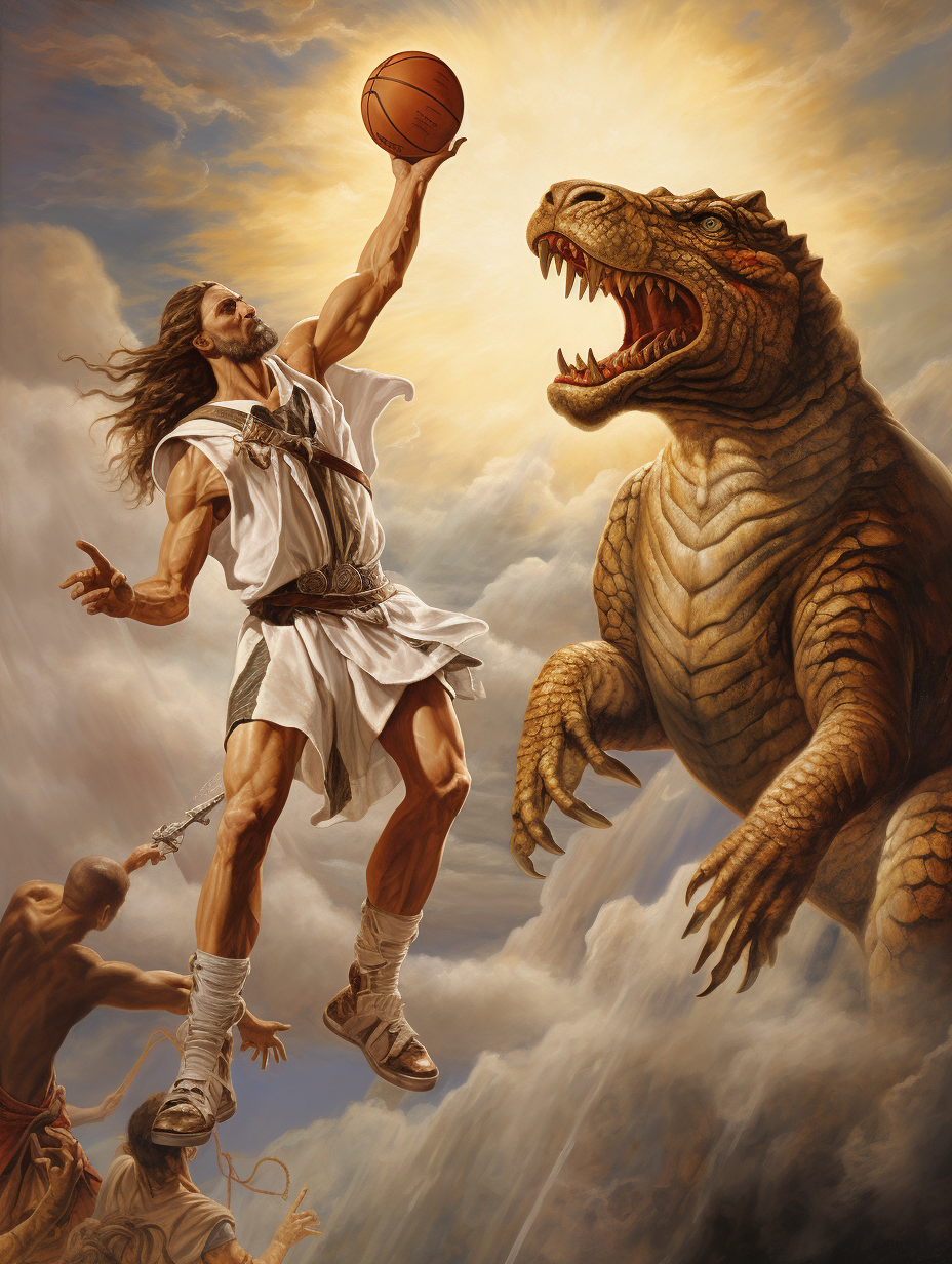 Jesus dunks on T-Rex in heavenly basketball game