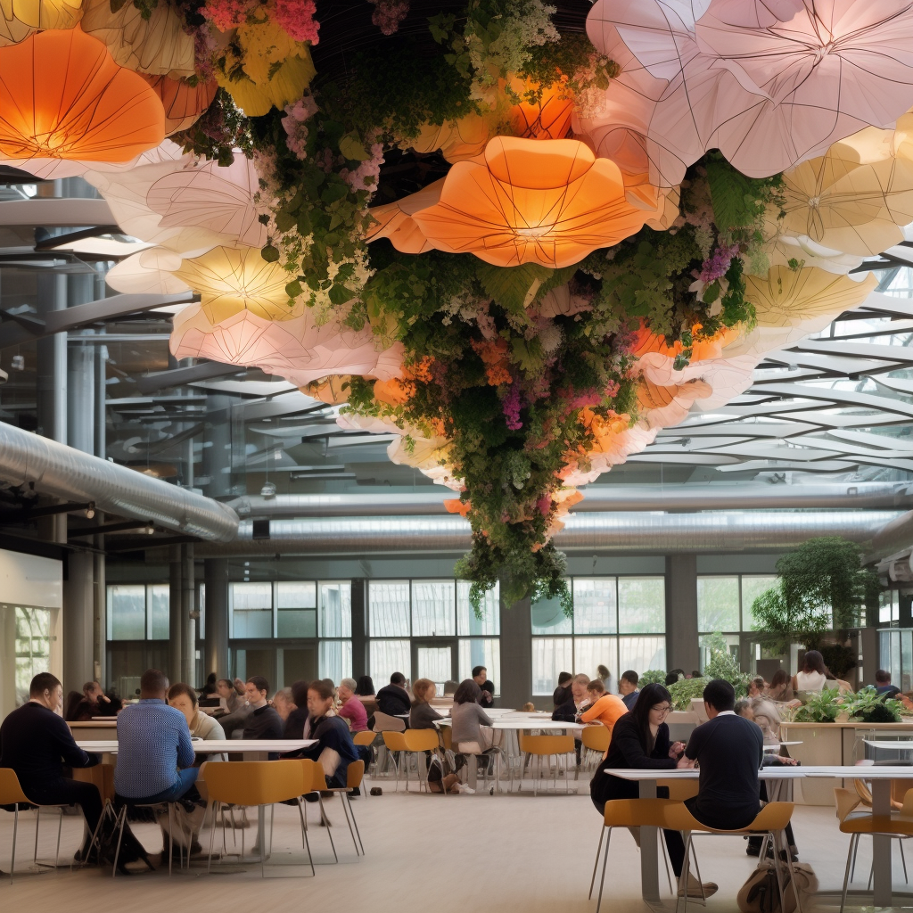 Colorful sound absorbent roof over dining area