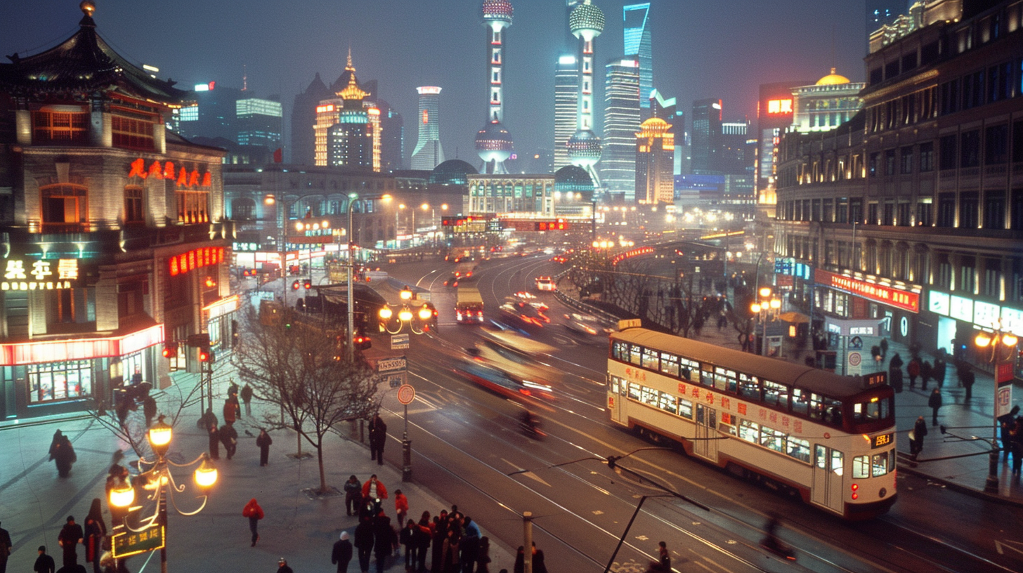 Busy Shanghai Cityscape Trams