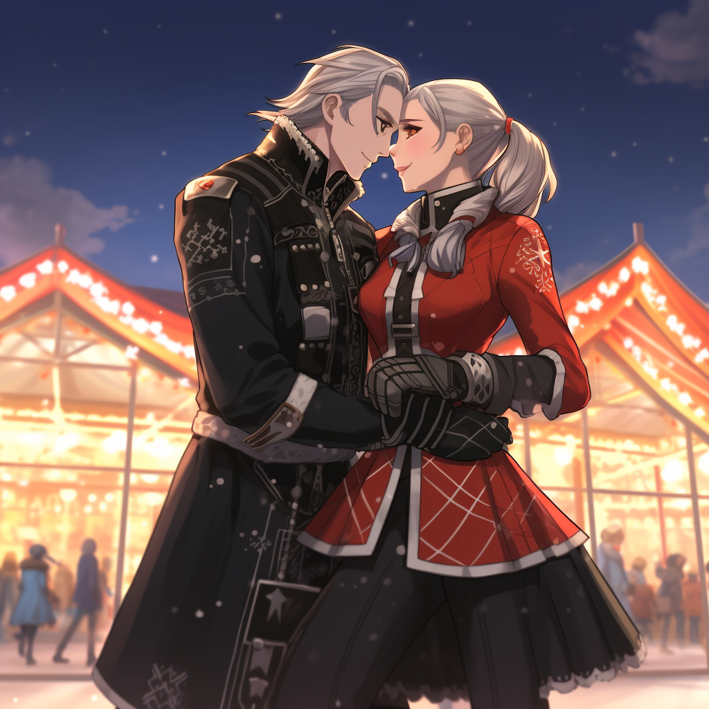 Edelgard and Female Byleth ice skating together