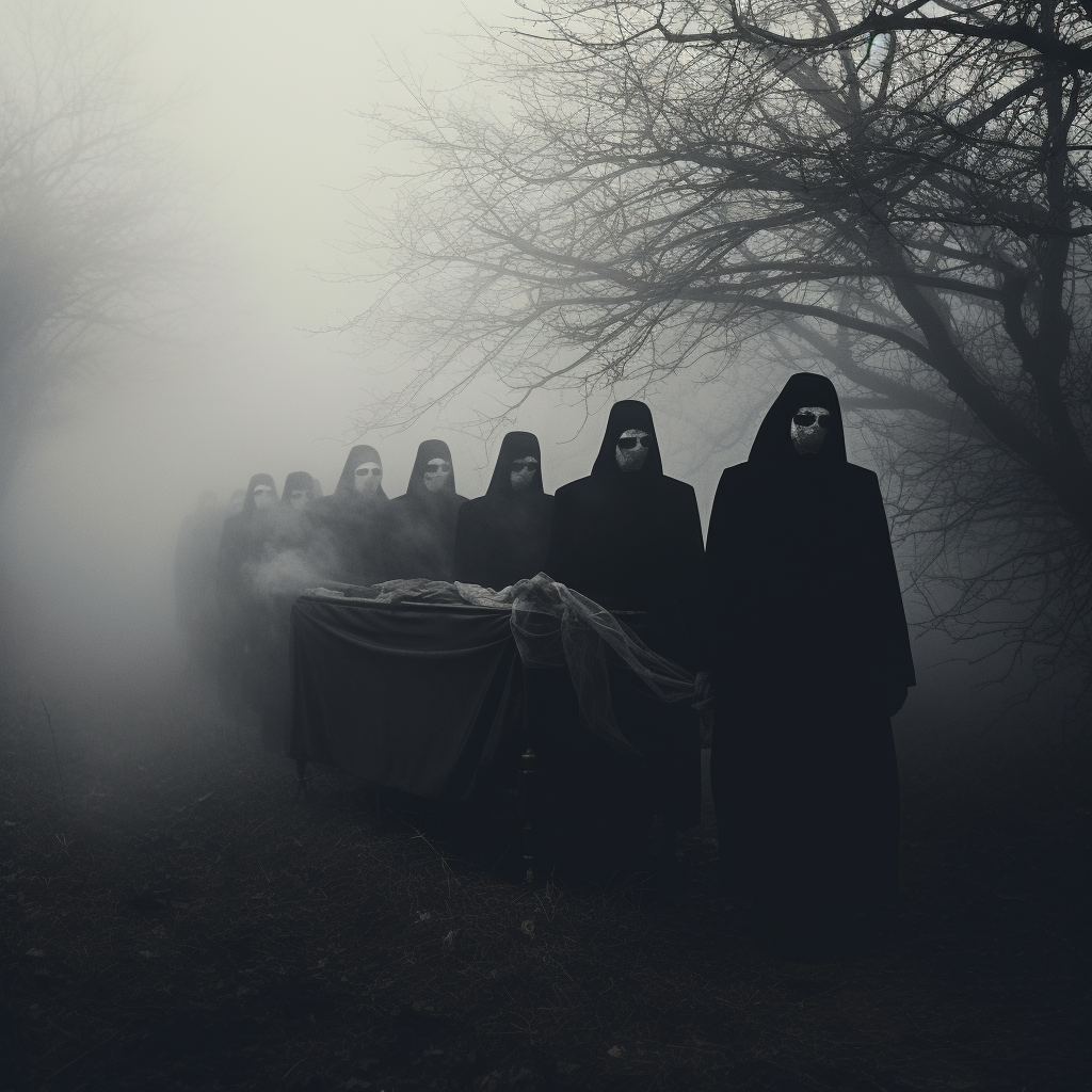 Shrouded pallbearers in surreal scene