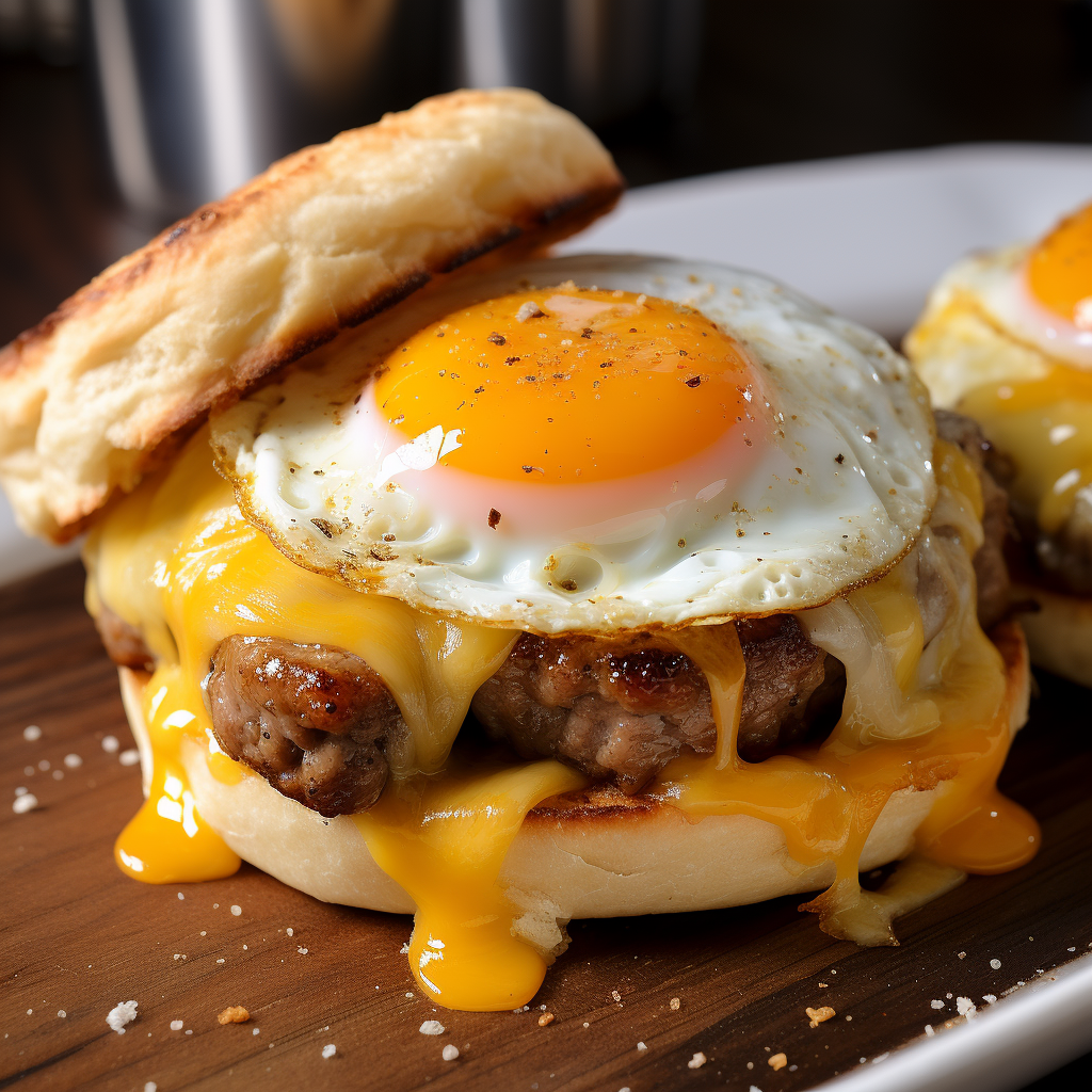 Scrumptious egg, sausage, cheese breakfast sandwich