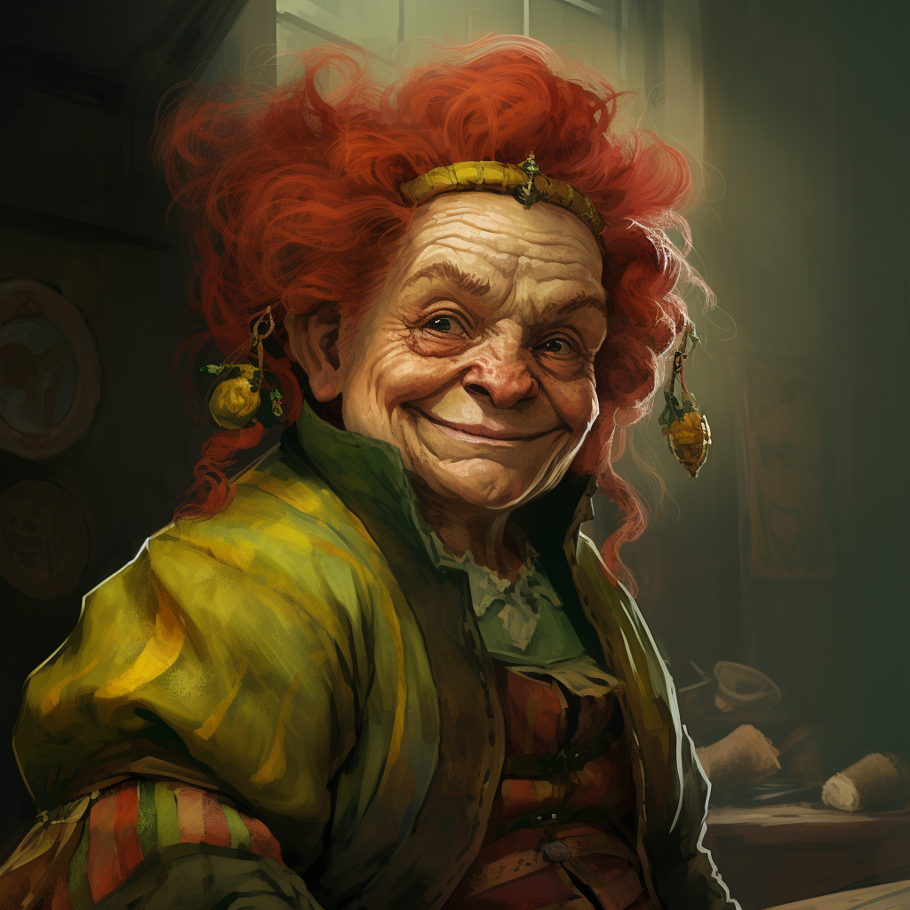 Smiling elderly female dwarf in fantasy attire