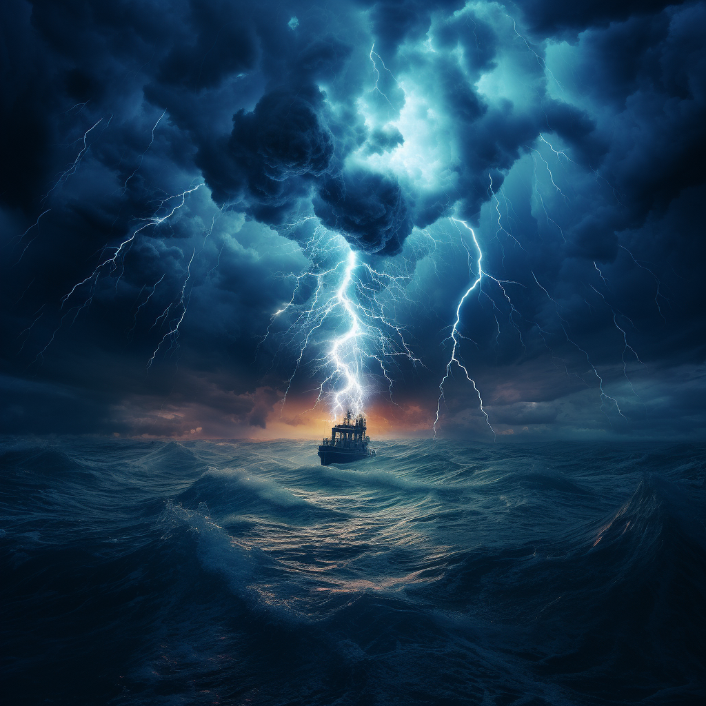 Electric storm at sea at night