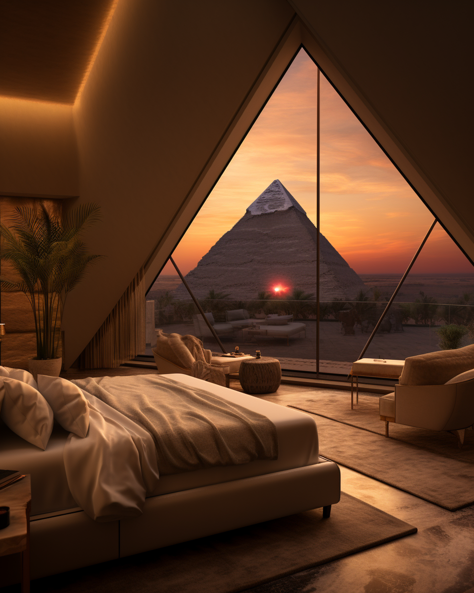 Luxurious bedroom interior with pyramid view