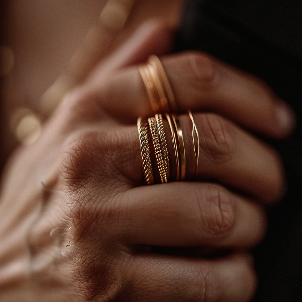 Hand displaying gold wedding bands