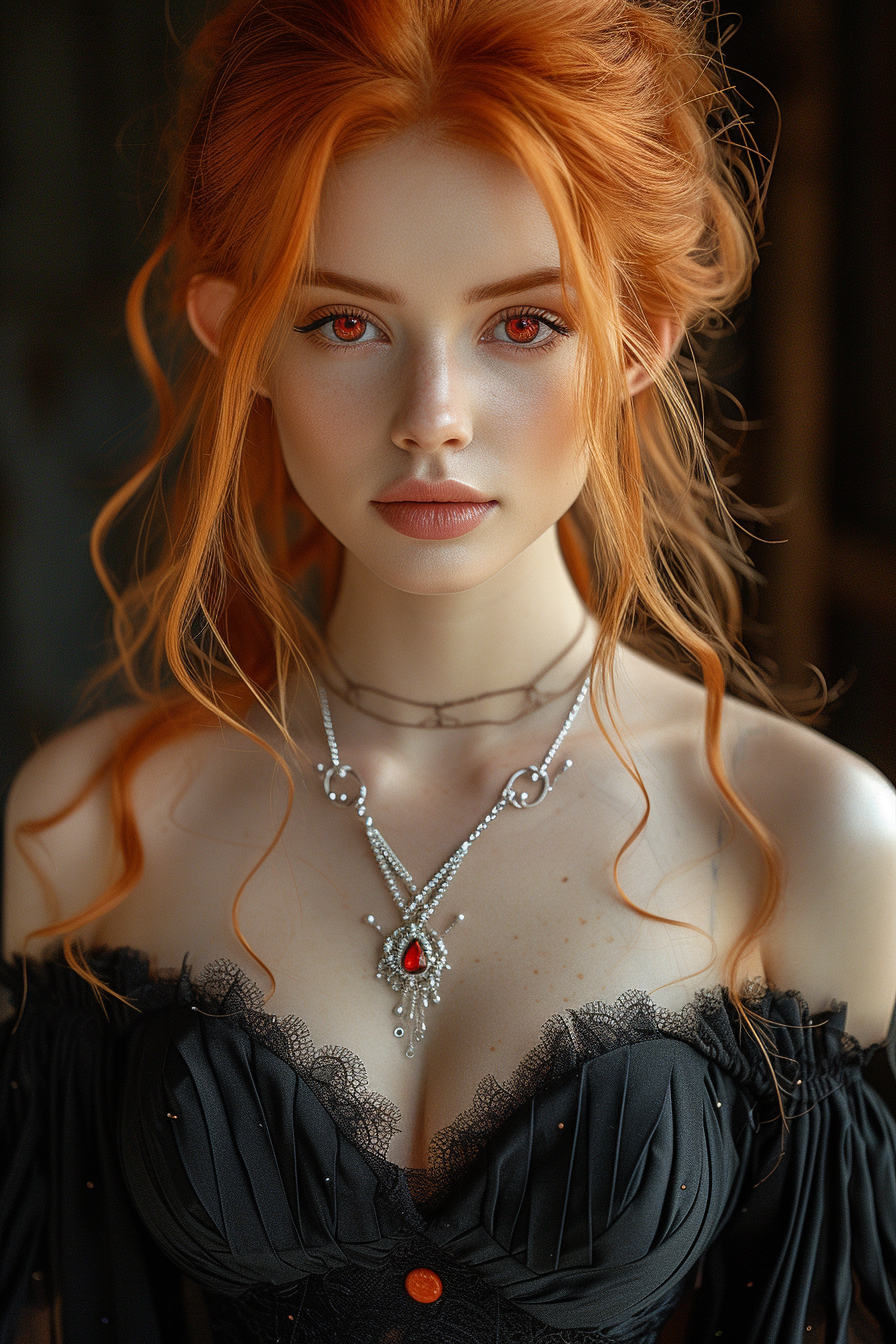 Red-Haired Elf in Black Satin Dress