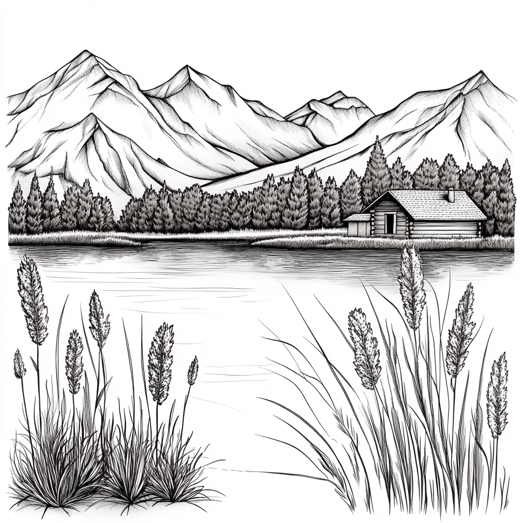 cabin lake mountains trees drawing