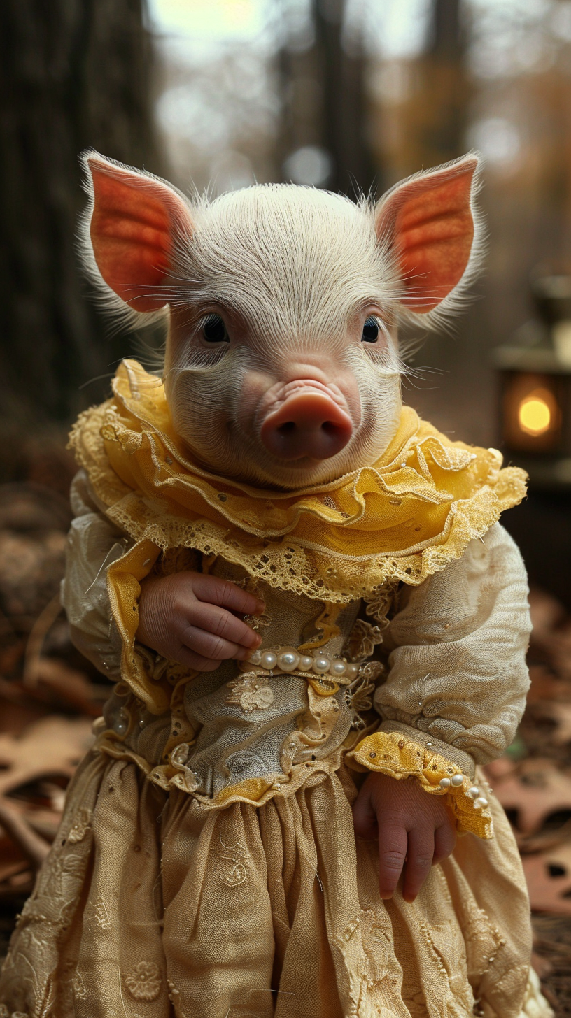 Baby piglet in Victorian dress