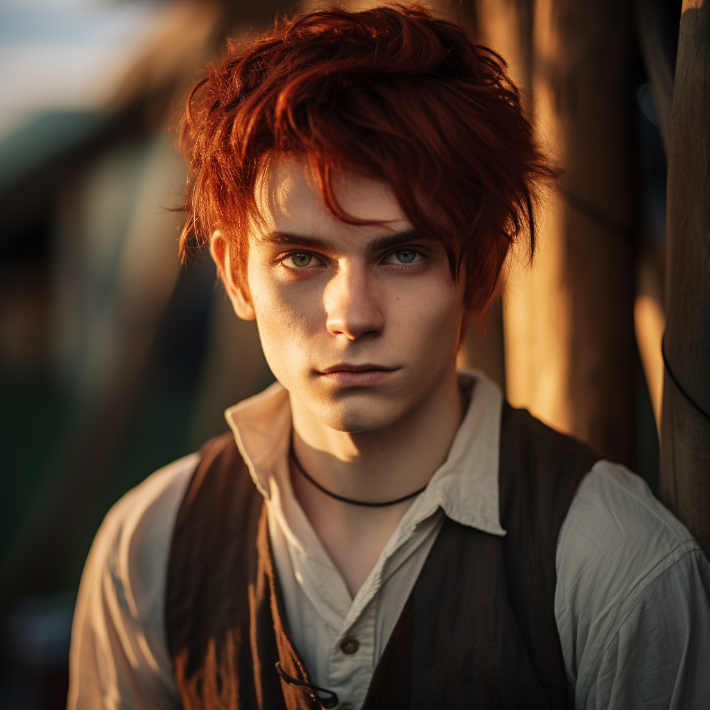 Stunning elf man with sunset eyes and dark red hair