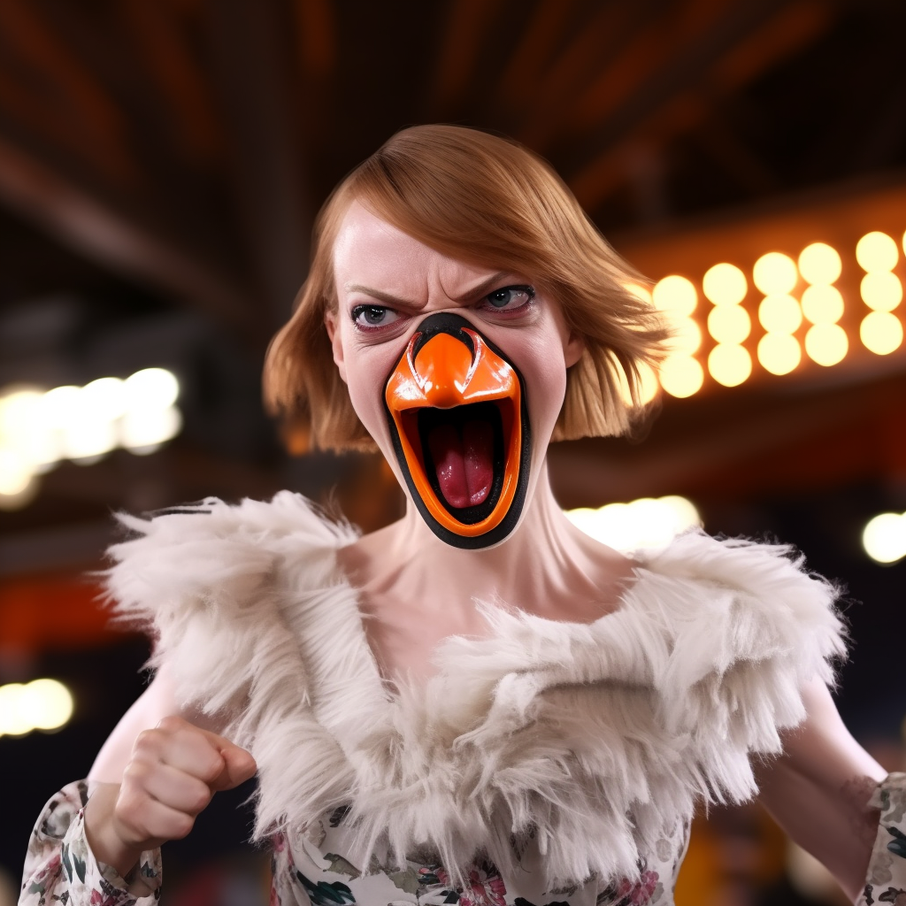 Emma Stone battling a goose in MMA ring