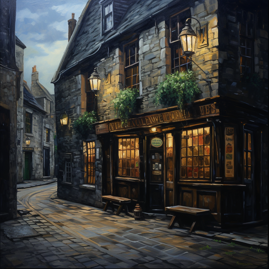 Well-lit empty medieval Irish pub oil painting