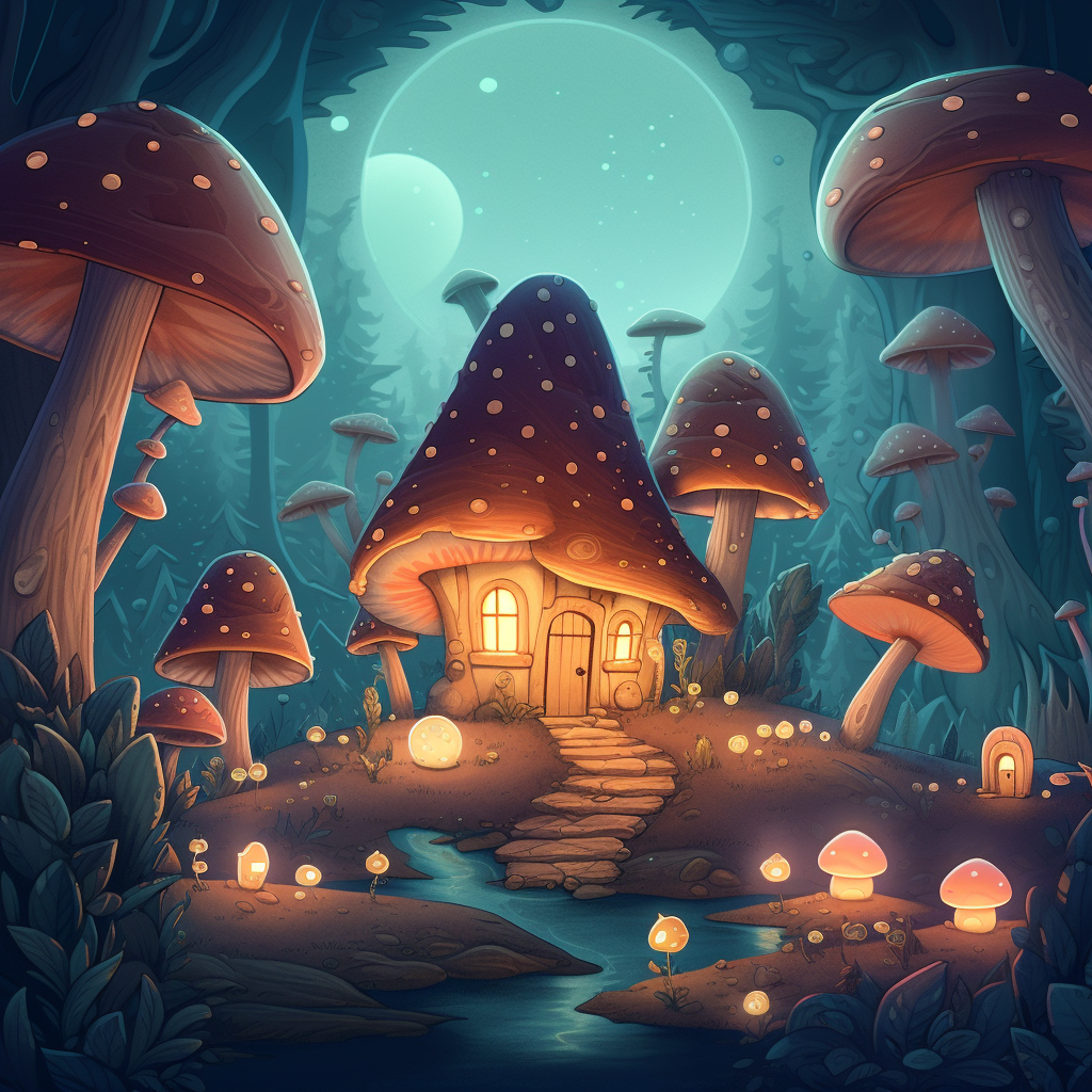 Whimsical mushrooms dancing in a moonlit glade