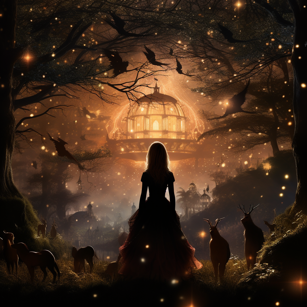 Princess silhouette in enchanted forest with animals and fairies