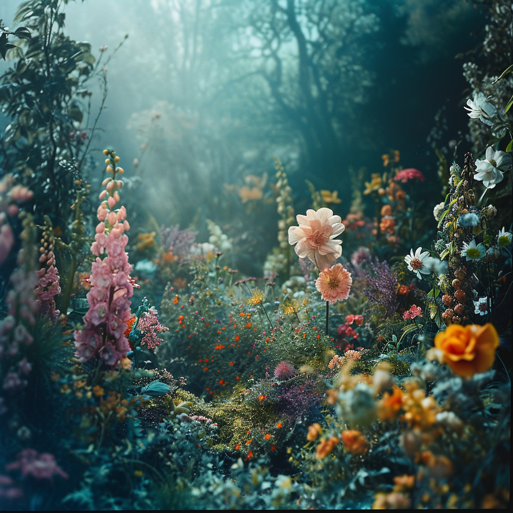 Enchanted garden with realistic flowers and magical elements