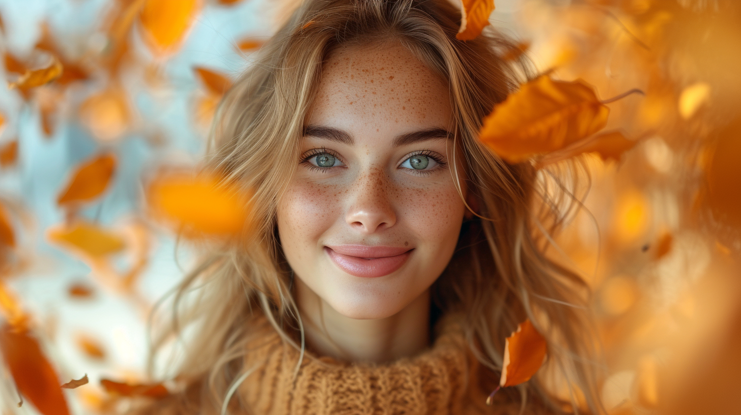 Energetic woman with long hair surrounded by orange leaves