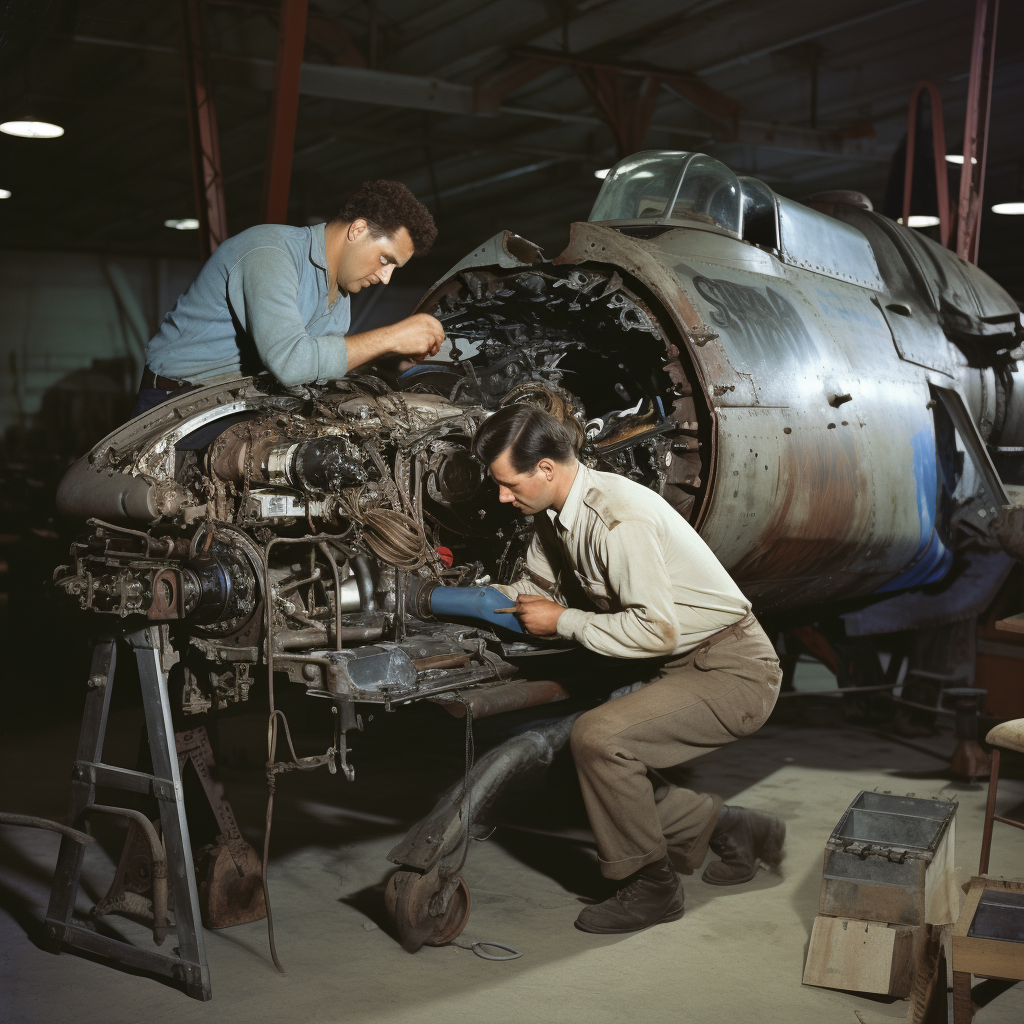 Engineers working on tank mechanism in garage