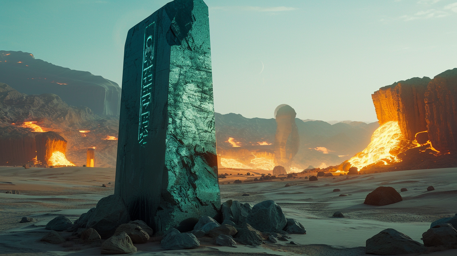 Cyan monolith in desert with glowing inscriptions