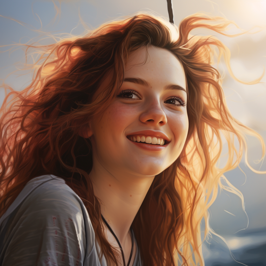 Photorealistic teenage girl with mischievous joy