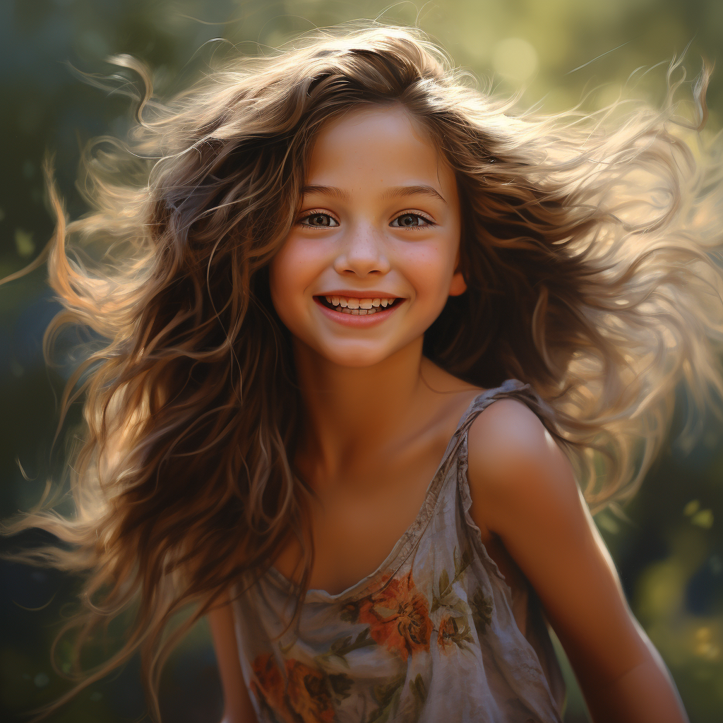 Photorealistic image of a joyful young girl mischief