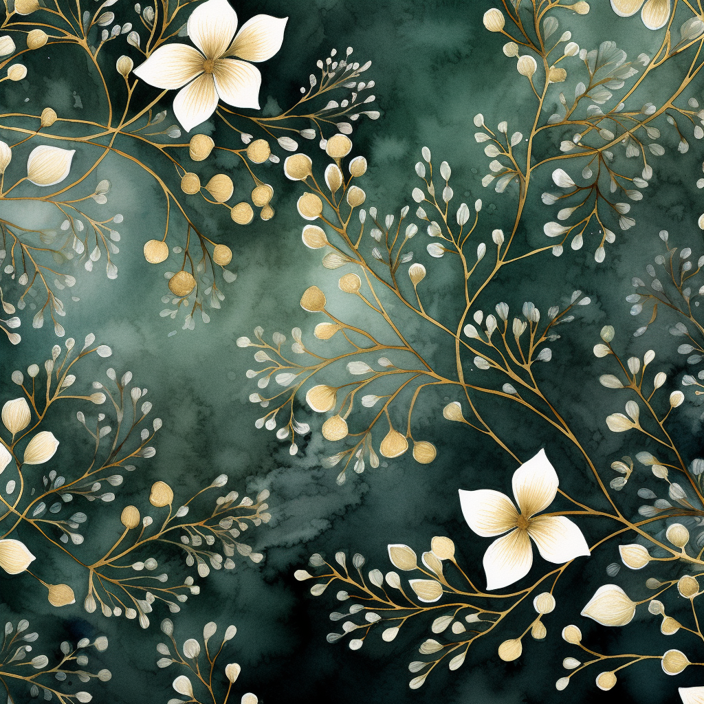 Evergreen Watercolor with Gold Floral Pattern