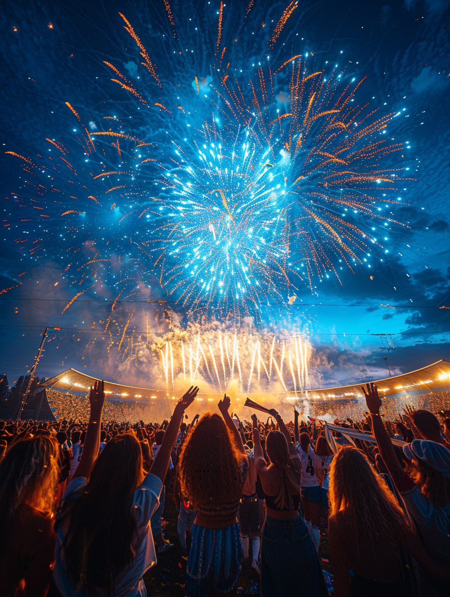 Blue and Yellow Fireworks at Stadium Celebration