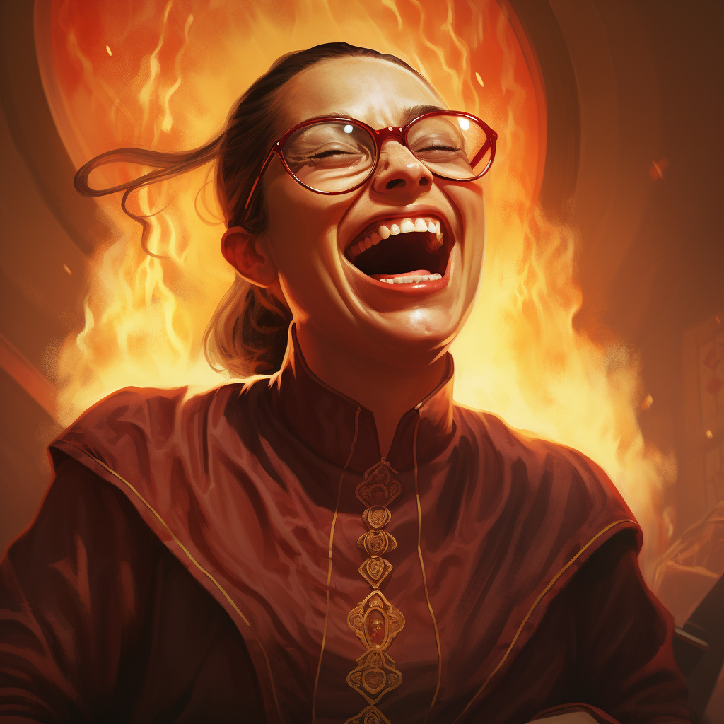 Hispanic female with evil laugh and round glasses burning robes