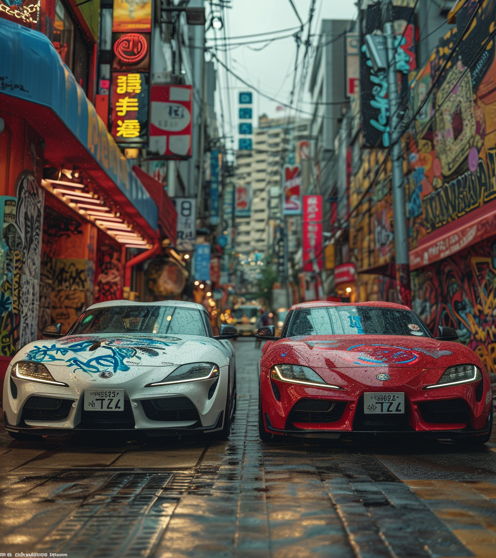 Anime-style Ex Car and White Car with Graffiti