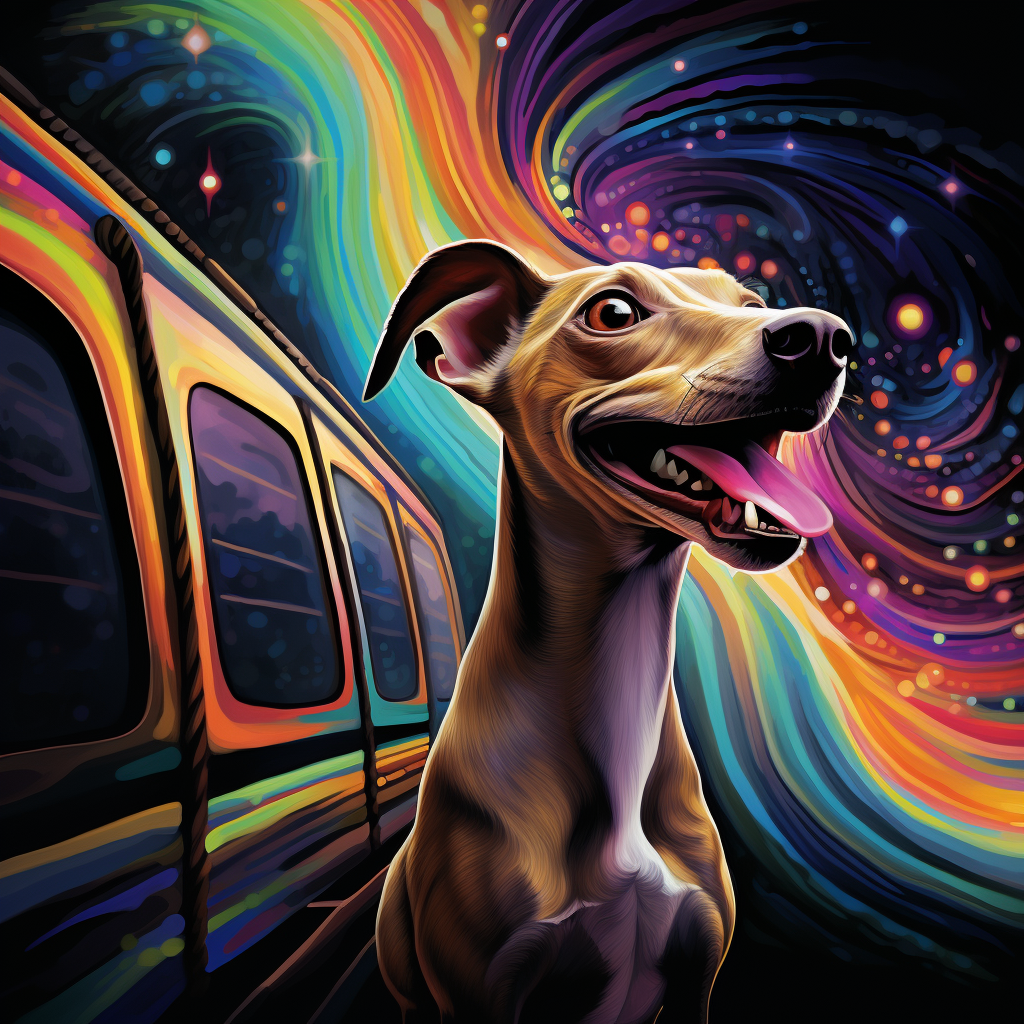 Excited Italian Greyhound in front of Psychedelic Train