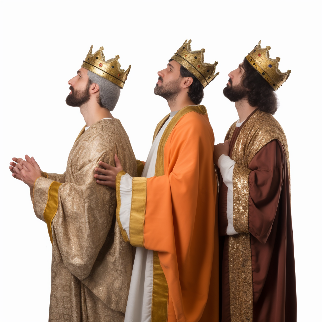 Three excited kings looking right - Side view