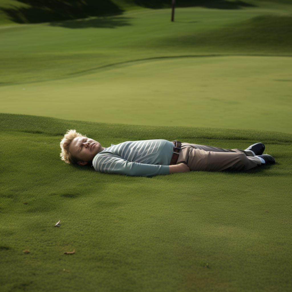 Exhausted golfer laying in grass feeling disoriented and in pain