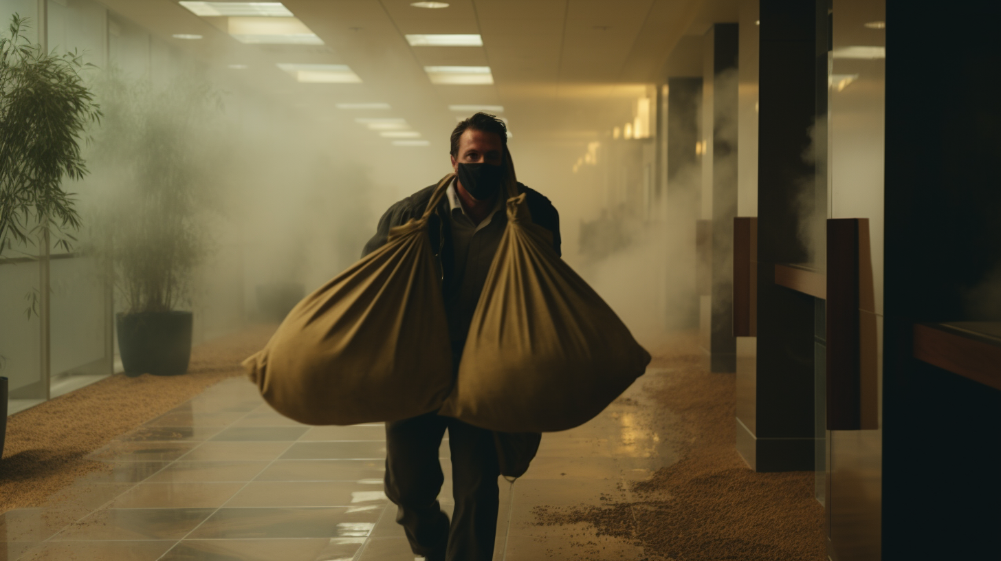 Exhausted man dragging large burlap sack amidst explosions