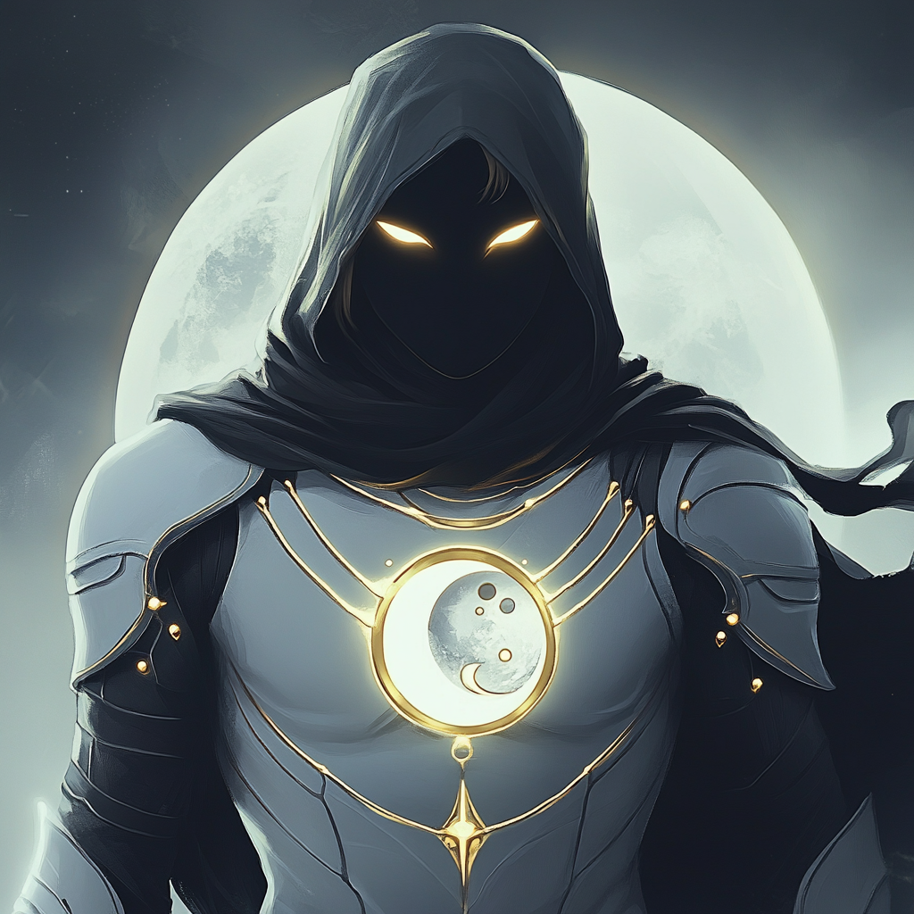 eyes glowing, golden hair, white armor, moon phases, cloak.