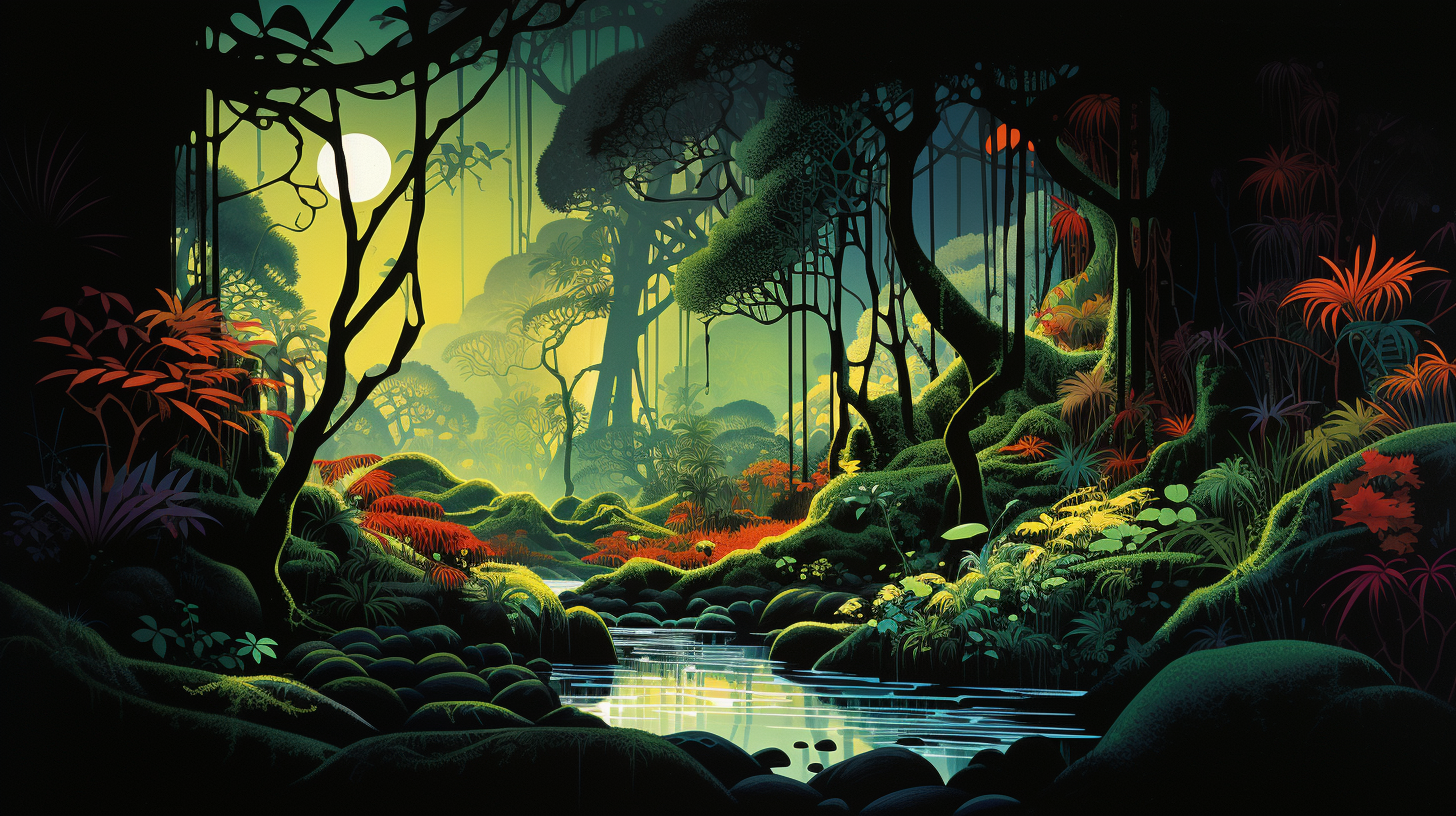 Colorful rainforest jungle by Eyvind Earle