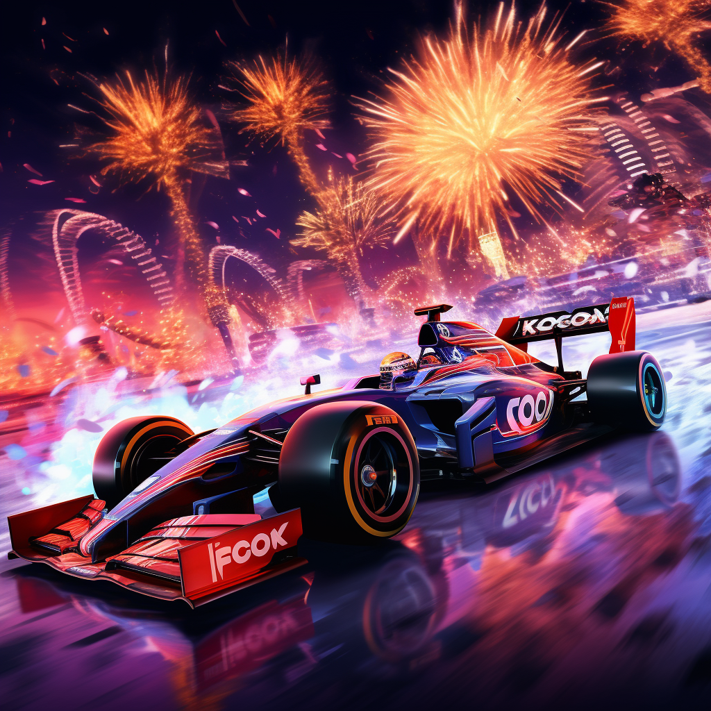 F1 Car with KOCF Logo, Crowns, Las Vegas Grand Prix, Fireworks