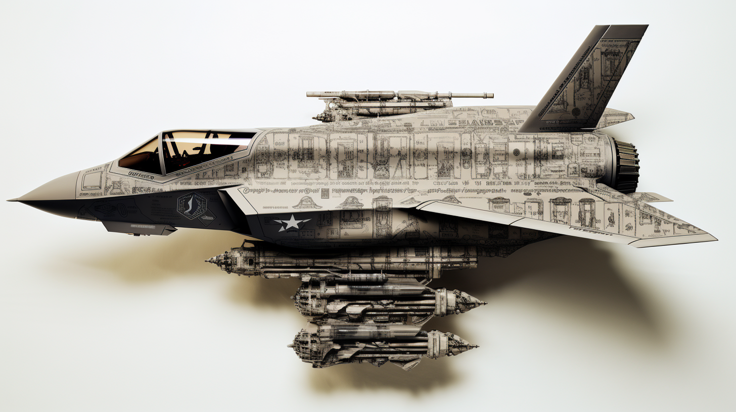 F-35 tactical jet made of letters on white paper