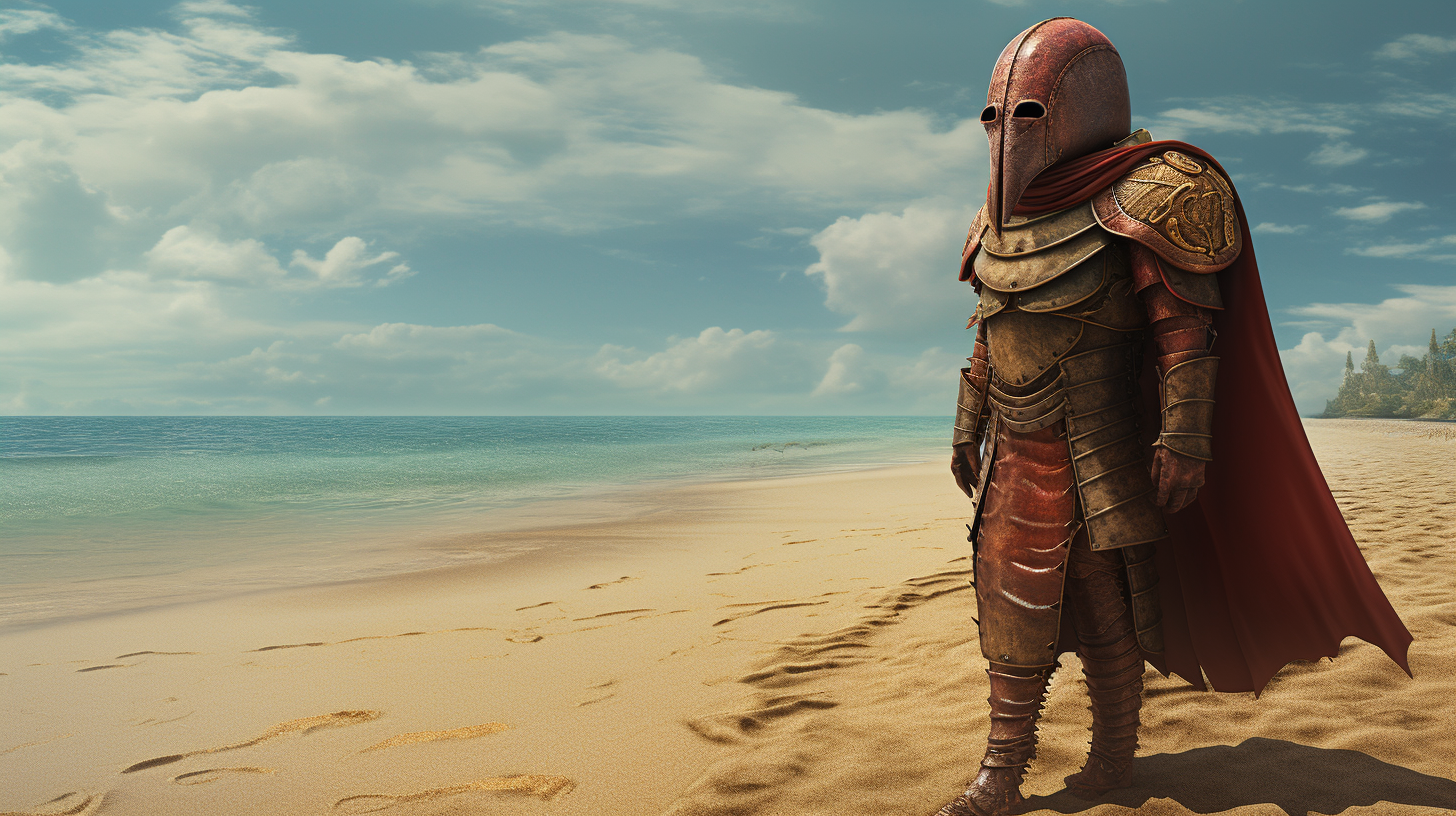 Faceless earthworm in conquistador armor on exotic beach