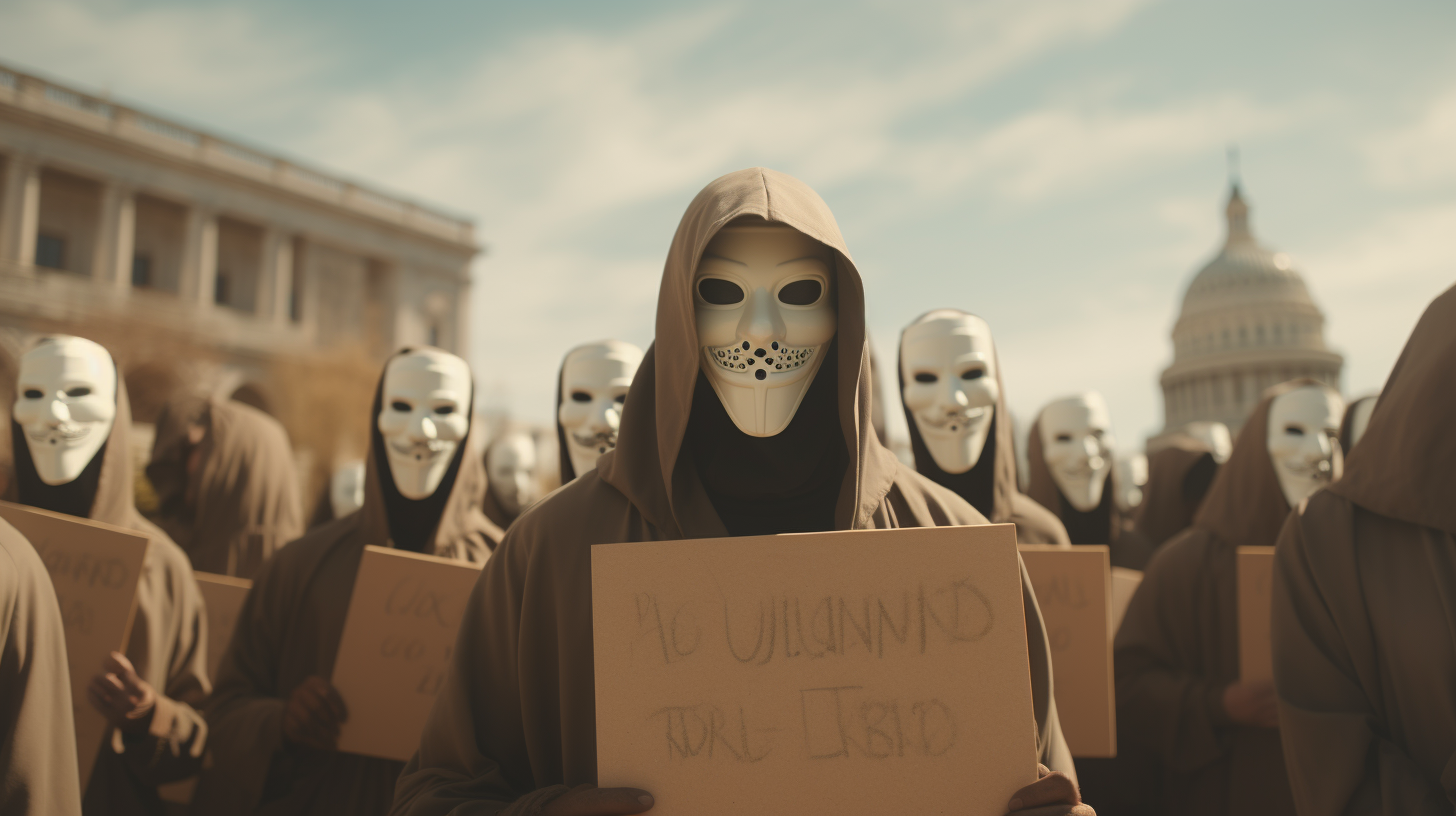 Faceless masked hooded mob protesting blank signs