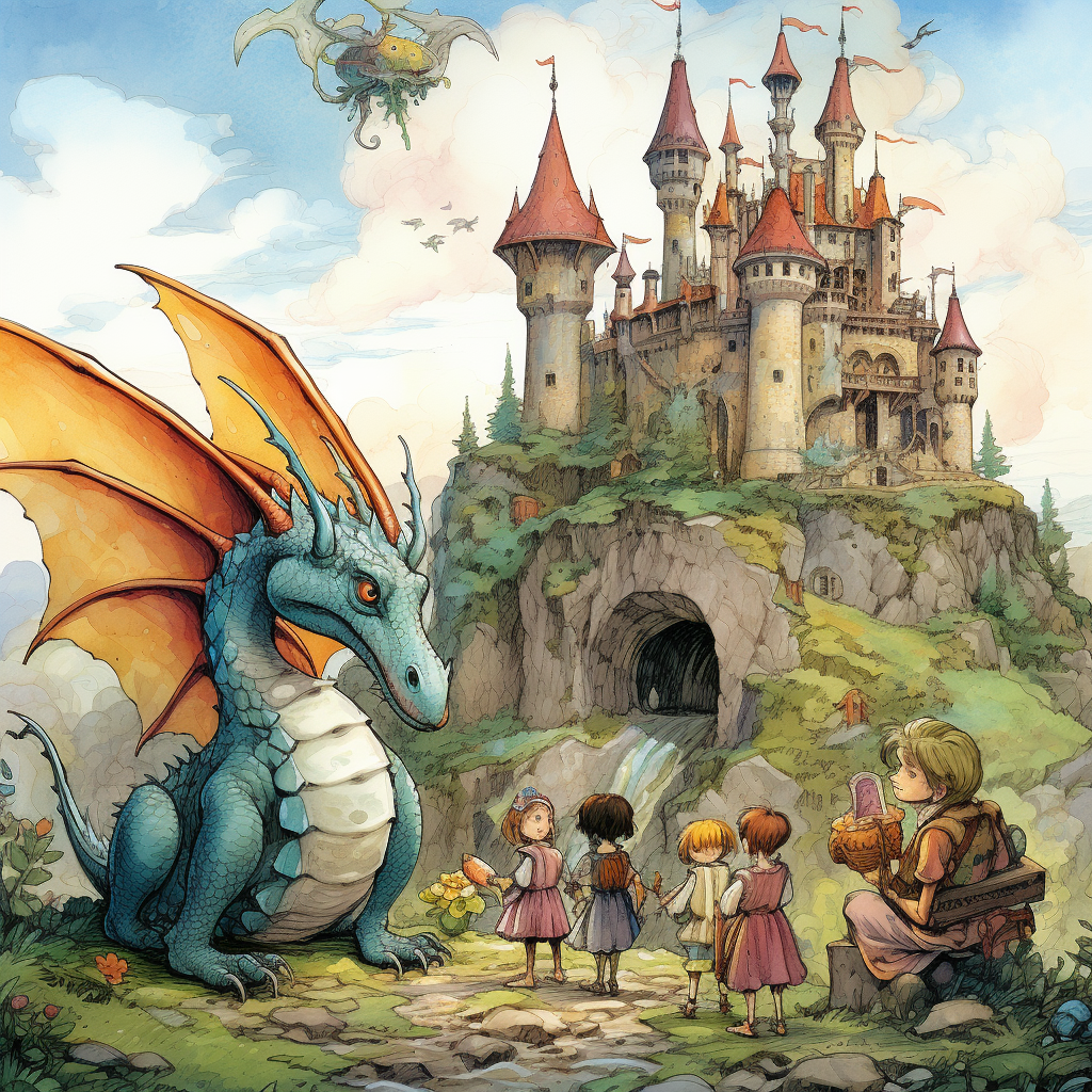 Fairy dragon castle cartoon illustration