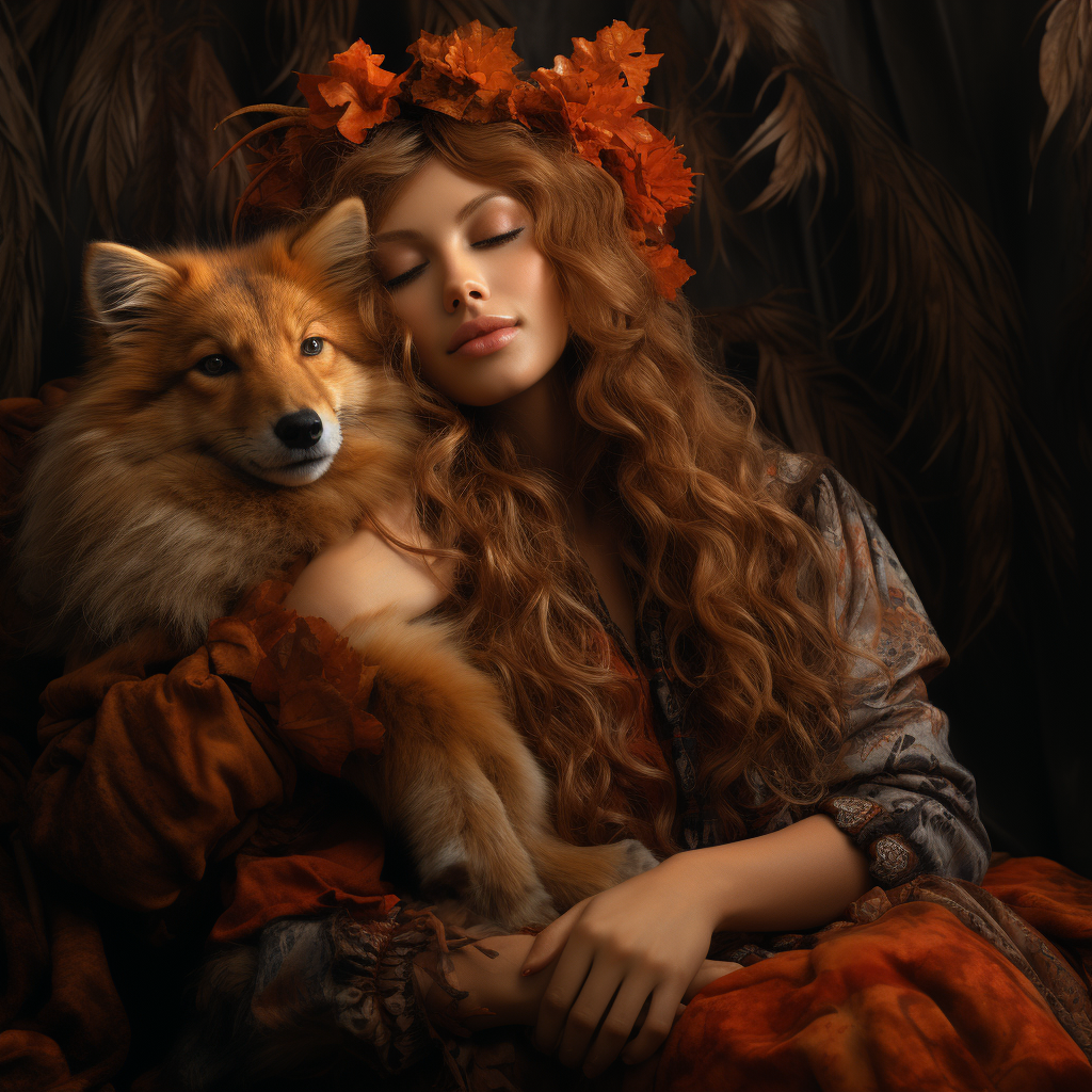 Woman with Red Fox in Fall