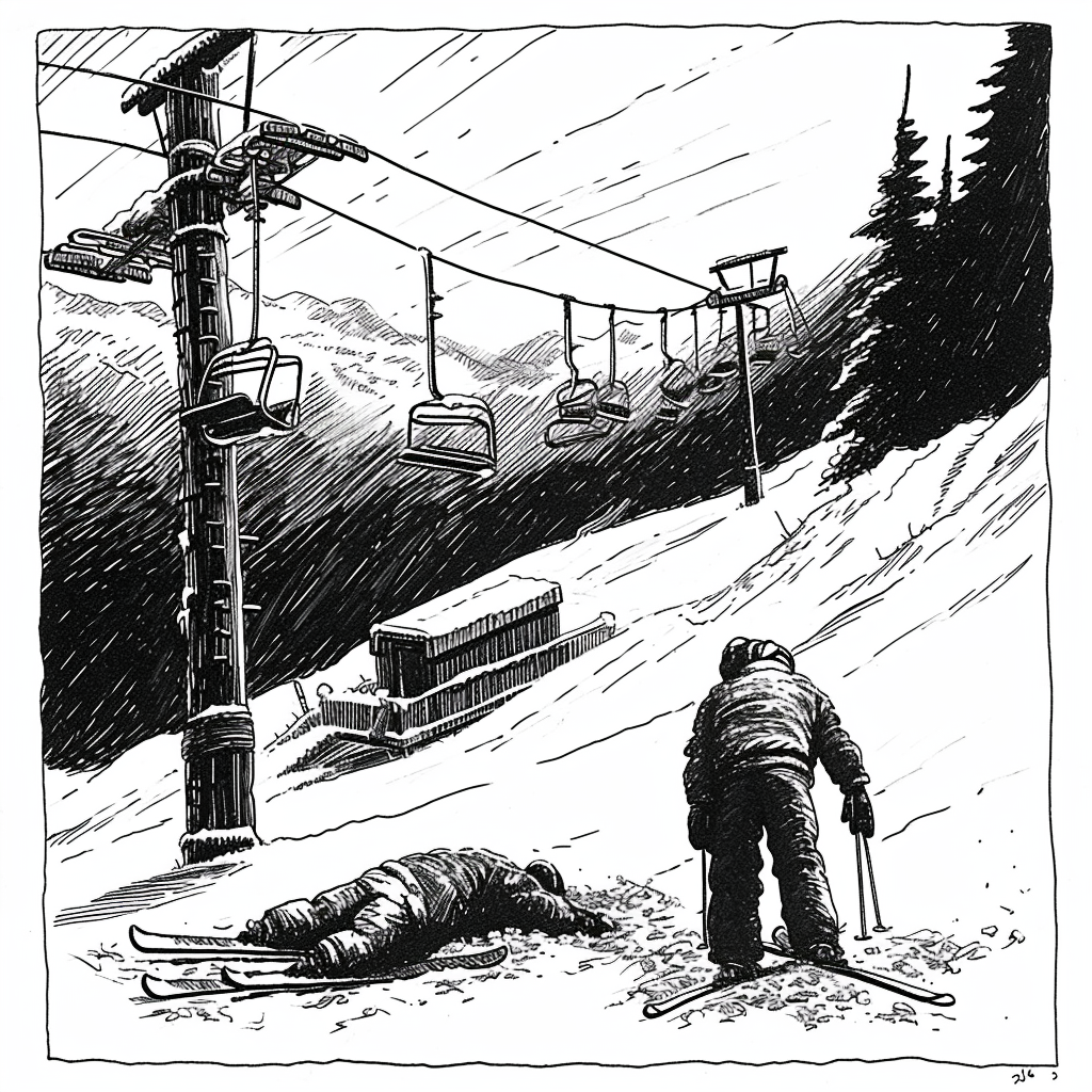 Two fallen skiers in front of a chairlift